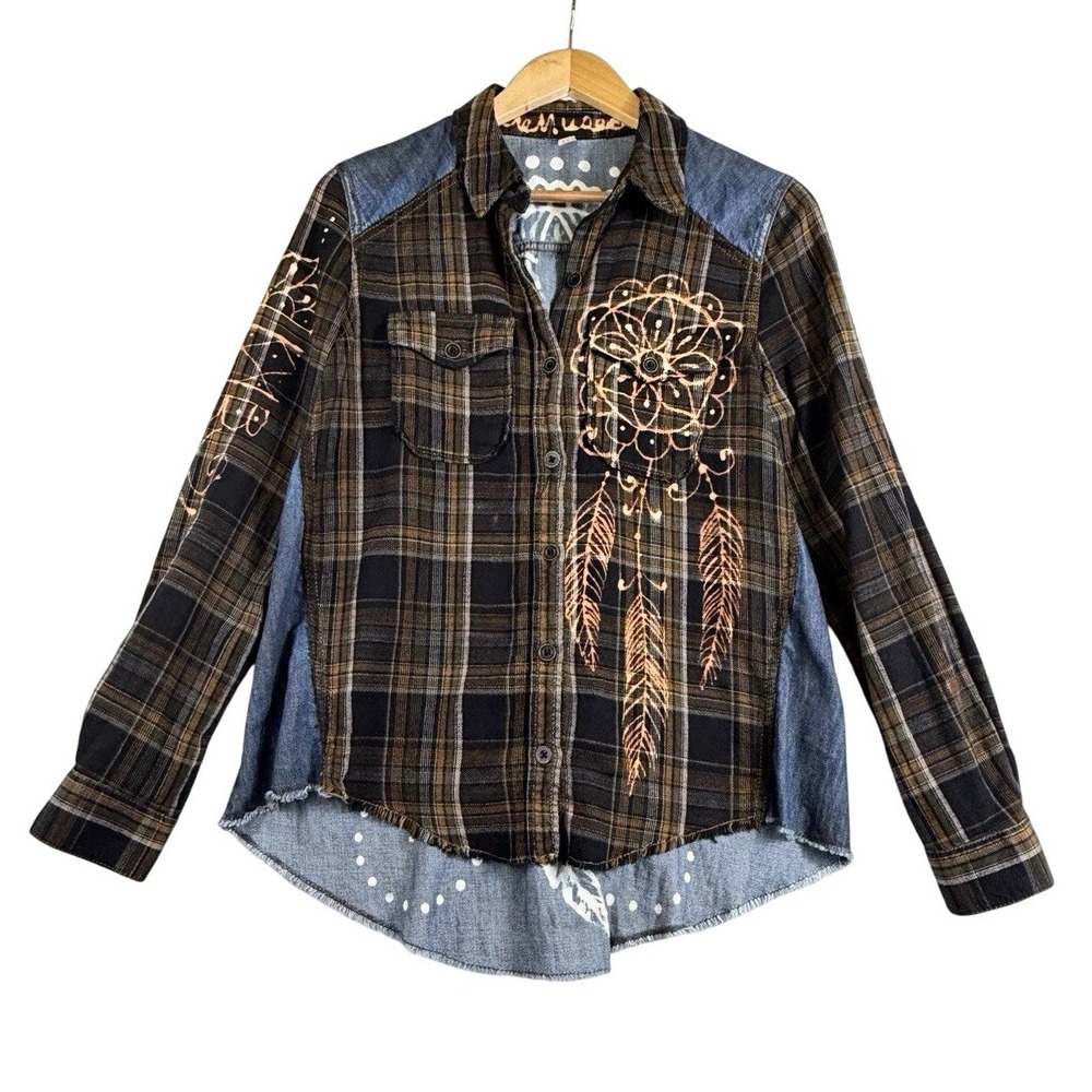 Free People Sunnyside Plaid Denim Button Up Shirt Dreamcatcher Blue Brown Small